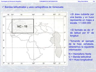 Tecnologías de Información Geográfica   FUNDAMENTOS CARTOGRAFICOS           Geog. Nixon Molina   31a




  Bandas latitudinales y usos cartográficos de Venezuela


                                                                     • El área cubierta por
                                                                     una banda y un huso
                                                                     representa un mapa a
                                                                     escala: 1:1.000.000

                                                                     • El formato es de: 4°
                                                                     de latitud por 6° de
                                                                     longitud

                                                                    • Tomando el ejemplo
                                                                    de la hoja señalada,
                                                                    obtenemos la siguiente
                                                                    información:
                                                                    N = Hemisferio Norte
                                                                    C = Banda latitudinal
                                                                    19 = Huso longitudinal
 