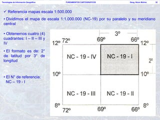 Tecnologías de Información Geográfica   FUNDAMENTOS CARTOGRAFICOS   Geog. Nixon Molina   32




  Referencia mapas escala 1:500.000
 • Dividimos el mapa de escala 1:1.000.000 (NC-19) por su paralelo y su meridiano
 central

 • Obtenemos cuatro (4)
 cuadrantes: I – II – III y
 IV
 • El formato es de: 2°
 de latitud por 3° de
 longitud



 • El N° de referencia:
   NC – 19 - I
 