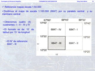 Tecnologías de Información Geográfica   FUNDAMENTOS CARTOGRAFICOS   Geog. Nixon Molina          35




  Referencia mapas escala 1:50.000
 • Dividimos el mapa de escala 1:100.000 (6847) por su paralelo central                  y su
 meridiano central


   • Obtenemos cuatro (4)
   cuadrantes: I – II – III y IV
   • El formato es de: 10´ de
   latitud por 15´ de longitud


        • El N° de referencia:
          6847 - III
 