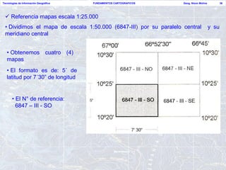 Tecnologías de Información Geográfica   FUNDAMENTOS CARTOGRAFICOS   Geog. Nixon Molina          36




  Referencia mapas escala 1:25.000
 • Dividimos el mapa de escala 1:50.000 (6847-III) por su paralelo central               y su
 meridiano central


   • Obtenemos cuatro (4)
   mapas
   • El formato es de: 5´ de
   latitud por 7´30” de longitud


       • El N° de referencia:
         6847 – III - SO
 