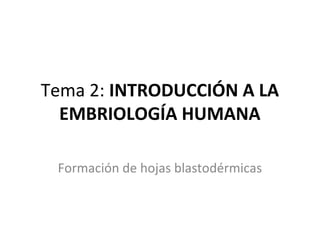 Tema 2: INTRODUCCIÓN A LA
EMBRIOLOGÍA HUMANA
Formación de hojas blastodérmicas
 