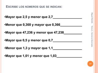 ESCRIBE LOS NÚMEROS QUE SE INDICAN:




                                                  Miguel Rebollo
•Mayor que 2,5 y menor que 2,7________________

•Menor que 0,368 y mayor que 0,366____________




                                                  Tema 2.- Números Decimales
•Mayor que 47,236 y menor que 47,238__________

•Mayor que 0,5 y menor que 0,7________________

•Menor que 1,3 y mayor que 1,1________________

•Mayor que 1,01 y menor que 1,03______________

                                                 17
 