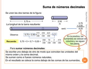 Suma de números decimales




                                                                                       Miguel Rebollo
Se unen las dos barras de la figura:


                   5,75 m                                2,50
                                                          m                    5,75
La longitud de la barra resultante:




                                                                                       Tema 2.- Números Decimales
                                                                             + 2,50
                                                               será:           8,25

                                 575 250    825
    Observa:        5,75 + 2,50 =                 8,25
                                 100 100    100                     En la practica, los
                                                                 sumandos se colocan en
                                         500 70   5      575
Recuerda:      5,75 = 5 + 0,7 + 0,05 =                             columna y se siguen
                                         100 100 100     100           los pasos:

    Para sumar números decimales:
Se escribe uno debajo de otro de modo que coincidan las unidades del
mismo orden y la coma decimal,
Se suman como si fueran números naturales,
En el resultado se coloca la coma debajo de las comas de los sumandos,                20
 