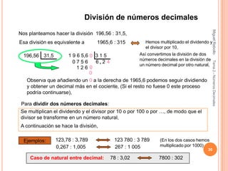 División de números decimales




                                                                                            Miguel Rebollo
Nos planteamos hacer la división 196,56 : 31,5,
Esa división es equivalente a      1965,6 : 315           Hemos multiplicado el dividendo y
                                                          el divisor por 10,
  196,56 31,5        1 9 6 5,6 0 3 1 5                Así convertimos la división de dos
                                                      números decimales en la división de
                        0756     6,2 4




                                                                                            Tema 2.- Números Decimales
                                                      un número decimal por otro natural,
                         126 0
                               0
   Observa que añadiendo un 0 a la derecha de 1965,6 podemos seguir dividiendo
   y obtener un decimal más en el cociente, (Si el resto no fuese 0 este proceso
   podría continuarse),

 Para dividir dos números decimales:
Se multiplican el dividendo y el divisor por 10 o por 100 o por …, de modo que el
divisor se transforme en un número natural,
A continuación se hace la división,

  Ejemplos:     123,78 : 3,789             123 780 : 3 789       (En los dos casos hemos
                0,267 : 1,005              267 : 1 005           multiplicado por 1000)
                                                                                        30

    Caso de natural entre decimal:       78 : 3,02              7800 : 302
 