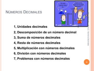 NÚMEROS DECIMALES




                                                 Miguel Rebollo
                                                 Tema 2.- Números Decimales
   1, Unidades decimales
   2, Descomposición de un número decimal
   3, Suma de números decimales
   4, Resta de números decimales
   5, Multiplicación con números decimales
   6, División con números decimales
   7, Problemas con números decimales
                                             4
 