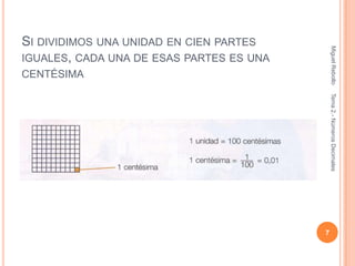 SI DIVIDIMOS UNA UNIDAD EN CIEN PARTES




                                              Miguel Rebollo
IGUALES, CADA UNA DE ESAS PARTES ES UNA
CENTÉSIMA




                                              Tema 2.- Números Decimales
                                          7
 