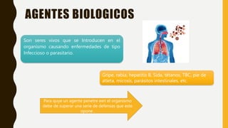 AGENTES BIOLOGICOS
Son seres vivos que se Introducen en el
organismo causando enfermedades de tipo
Infeccioso o parasitario.
Gripe, rabia, hepatitis B, Sida, tétanos, TBC, pie de
atleta, micosis, parásitos intestinales, etc.
Para quye un agente penetre een el organismo
debe de superar una serie de defensas que este
opone .
 
