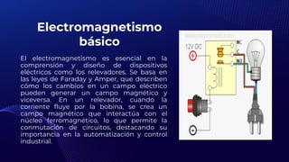Electromagnetismo
básico
El electromagnetismo es esencial en la
comprensión y diseño de dispositivos
eléctricos como los relevadores. Se basa en
las leyes de Faraday y Amper, que describen
cómo los cambios en un campo eléctrico
pueden generar un campo magnético y
viceversa. En un relevador, cuando la
corriente fluye por la bobina, se crea un
campo magnético que interactúa con el
núcleo ferromagnético, lo que permite la
conmutación de circuitos, destacando su
importancia en la automatización y control
industrial.
 