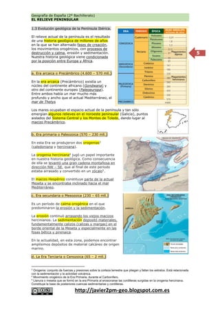 Geografía de España (2º Bachillerato)
EL RELIEVE PENINSULAR
http://javier2pm-geo.blogspot.com.es
5
1.3 Evolución geológica de la Península Ibérica.
El relieve actual de la península es el resultado
de una historia geológica de millones de años
en la que se han alternado fases de creación,
los movimientos orogénicos, con procesos de
destrucción y calma, erosión y sedimentación.
Nuestra historia geológica viene condicionada
por la posición entre Europa y África.
a. Era arcaica o Precámbrico (4.600 – 570 mll.)
En la era arcaica (Precámbrico) existía un
núcleo del continente africano (Gondwana) y
otro del continente europeo (Paleoeuropa).
Entre ambos había un mar mucho más
profundo y ancho que el actual Mediterráneo, el
mar de Thetys
Los mares ocupaban el espacio actual de la península y tan sólo
emergían algunos relieves en el noroeste peninsular (Galicia), puntos
aislados del Sistema Central y los Montes de Toledo, dando lugar al
macizo Precámbrico.
b. Era primaria o Paleozoica (570 – 230 mll.)
En esta Era se produjeron dos orogenias3
(caledoniana y herciniana).
La orogenia herciniana4
jugó un papel importante
en nuestra historia geológica. Como consecuencia
de ella se levantó una gran cadena montañosa en
dirección NW – SE, que al final de este periodo
estaba arrasado y convertido en un zócalo5
.
El macizo Hespérico constituye parte de la actual
Meseta y se encontraba inclinado hacia el mar
Mediterráneo.
c. Era secundaria o Mesozoica (230 – 65 mll.)
Es un período de calma orogénica en el que
predominaron la erosión y la sedimentación.
La erosión continuó arrasando los viejos macizos
hercinianos. La sedimentación depositó materiales,
fundamentalmente calizos (calizas y margas) en el
borde oriental de la Meseta y especialmente en las
fosas bética y pirenaica.
En la actualidad, en esta zona, podemos encontrar
amplísimos depósitos de material calcáreo de origen
marino.
d. La Era Terciaria o Cenozoica (65 – 2 mll.)
3
Orogenia: conjunto de fuerzas y presiones sobre la corteza terrestre que pliegan y fallan los estratos. Está relacionada
con la sedimentación y la actividad volcánica.
4
Movimiento orogénico de la Era Primaria, durante el Carbonífero.
5
Llanura o meseta que se formó en la era Primaria al erosionarse las cordilleras surgidas en la orogenia herciniana.
Constituye la base de posteriores cuencas sedimentarias y cordilleras.
 