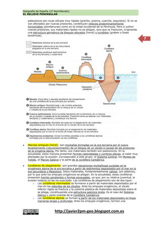 Geografía de España (2º Bachillerato)
EL RELIEVE PENINSULAR
http://javier2pm-geo.blogspot.com.es
7
paleozoicos son rocas silíceas muy rígidas (granito, pizarra, cuarcita, esquistos). Si no se
ven afectados por nuevas presiones, constituyen relieves predominantemente
horizontales (penillanuras) como en la mitad occidental de la Península. Pero si sufren
nuevas presiones, sus materiales rígidos no se pliegan, sino que se fracturan, originando
una estructura germánica de bloques elevados (horst) y hundidos (graben o fosas
tectónicas).
 Macizos antiguos (horst): son montañas formadas en la era terciaria por el nuevo
levantamiento (rejuvenecimiento) de un bloque de un zócalo a causas de las presiones
de la orogenia alpina. Por tanto, sus materiales también son paleozoicos. En la
actualidad, estos macizos presentan formas redondeadas y cumbres planas, al estar muy
afectadas por la erosión. Corresponden a este grupo: el Sistema Central, los Montes de
Toledo, el Macizo Galaico y la parte de la cordillera Cantábrica.
 Cordilleras de plegamiento: son grandes elevaciones montañosas surgidas en la
orogénesis alpina de la era terciaria a partir de sedimentos depositados por el mar en la
era secundaria o Mesozoico. Estos materiales, fundamentalmente calizos, son plásticos,
por lo que ante los empujes orogénicos se pliegan. En la actualidad, estas cordilleras
presentan fuertes pendientes y formas escarpadas, ya que, por su relativa juventud, la
erosión todavía no las ha suavizado. Las cordilleras de plegamiento son de dos tipos:
o Las cordilleras intermedias se formaron a partir de materiales depositados por el
mar en los rebordes de los zócalos. Ante los empujes orogénicos, el zócalo
inferior rígido se fractura y la cubierta plástica de materiales depositada sobre él
se pliega, constituyendo una estructura sajónica mixta. Es el caso del Sistema
Ibérico y parte oriental de la Cordillera Cantábrica.
o Las cordilleras alpinas se forman a partir de los materiales depositados en fosas
marianas largas y profundas. Ante los empujes orogénicos, forman una
 