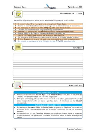 1 Se pueden realizar filtros muy rápidamente en la aplicación SqLite Studio.
2 Ordenar en Ascendente o Descendente se consigue con un clic en el nombre de una columna.
3 Con el Lenguaje de Definición de Datos (DDL), se pueden crear Bases de datos.
4 Las siglas DML corresponden al Lenguaje de Manipulación de Datos.
5 El llamado DQL (Lenguaje de Consulta de Datos) permite extraer datos de las tablas.
6 Órdenes como UPDATE, DELETE e INSERT pertenecen al lenguaje DML.
7 CREATE, DROP y ALTER son órdenes que pertenecen al lenguaje DDL.
8 Con el comando SELECT se podrán seleccionar los campos de los cuales saldrá la consulta.
9 Se llama Script a un conjunto de instrucciones almacenadas en un archivo para su ejecución.
10 Una consulta se puede guardar en archivos con formato .TXT y .SQL respectivamente.




 