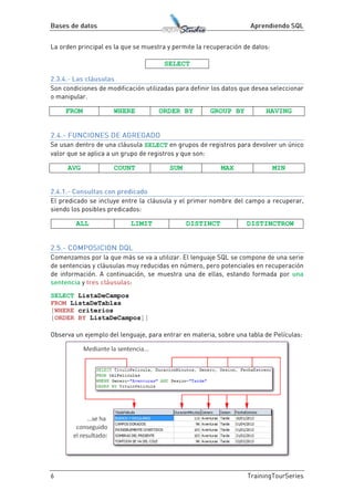SELECT
FROM WHERE ORDER BY GROUP BY HAVING
SELECT
AVG COUNT SUM MAX MIN
ALL LIMIT DISTINCT DISTINCTROW
SELECT ListaDeCampos
FROM ListaDeTablas
[WHERE criterios
[ORDER BY ListaDeCampos]]
 