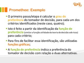 Promethee: Exemplo
§ O	primeiro passo/etapa é	calcular	o	grau	de	
preferência do	tomador	de	decisão,	para	cada	um	dos	
critérios	identificados	(neste	caso,	quatro);
§ Isto	é	feito	a	partir	da	identificação	da	função	de	
preferência	(similar	a	função	utilidade	da	teoria	de	decisão	sob	risco)
para	cada	critério;
§ Para	fins	de	facilitar	essa	identificação,	são	utilizadas	
funções	gráficas;
§ A	função de	preferência indica	a	preferência	do	
tomador	de	decisão	com	relação	a	duas	alternativas.
 