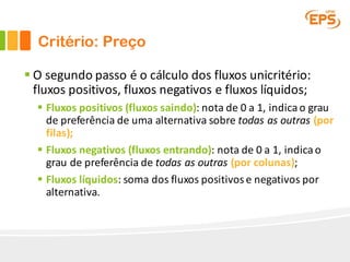 Critério: Preço
§ O	segundo	passo	é	o	cálculo	dos	fluxos	unicritério:	
fluxos	positivos,	fluxos	negativos	e	fluxos	líquidos;
§ Fluxos	positivos	(fluxos	saindo):	nota	de	0	a	1,	indica	o	grau	
de	preferência	de	uma	alternativa	sobre	todas	as	outras	(por	
filas);
§ Fluxos	negativos	(fluxos	entrando):	nota	de	0	a	1,	indica	o	
grau	de	preferência	de	todas	as	outras	(por	colunas);
§ Fluxos	líquidos:	soma	dos	fluxos	positivos	e	negativos	por	
alternativa.
 