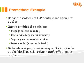 Promethee: Exemplo
§ Decisão:	escolher	um	ERP	dentre	cinco	diferentes	
opções;
§ Quatro	critérios	são	definidos:
§ Preço (a	ser minimizado);
§ Complexidade(a	ser minimizado);
§ Segurança (a	ser maximizado);	e
§ Desempenho (a	ser maximizado)
§ Da	tabela a	seguir,	observa-se	que não existe	uma	
opção	‘ideal’,	ou	seja,	existem	trade-offs entre	as	
opções
 
