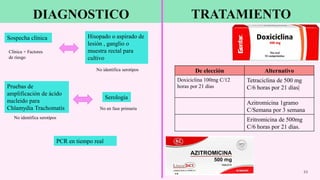 DIAGNOSTICO
23
Hisopado o aspirado de
lesión , ganglio o
muestra rectal para
cultivo
Sospecha clínica
Pruebas de
amplificación de ácido
nucleido para
Chlamydia Trachomatis
Serología
Clínica + Factores
de riesgo
PCR en tiempo real
No identifica serotipos
No identifica serotipos
No en fase primaria
TRATAMIENTO
De elección Alternativo
Doxiciclina 100mg C/12
horas por 21 días
Tetraciclina de 500 mg
C/6 horas por 21 días|
Azitromicina 1gramo
C/Semana por 3 semana
Eritromicina de 500mg
C/6 horas por 21 días.
 