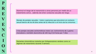 P
R
E
V
E
N
C
I
O
N 24
Disminuir el riesgo de la transmisión a otras personas por medio de un
tratamiento activo , además de evitar conductas sexuales de riesgo.
Manejo de parejas sexuales : tratar a personas que estuvieron en contacto
sexual dentro de los 60 días antes de la infección o al inicio de los síntomas.
A las parejas sexuales asintomáticas tratar con :Azitromicina de 1 gramo
monodosis o también doxiciclina de 100 mg C/12 horas por 7 días
Pacientes sintomáticos tratarlos por linfogranuloma venéreo como un
régimen de tratamiento durante 3 semana
 