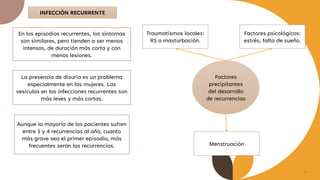 36
INFECCIÓN RECURRENTE
En los episodios recurrentes, los síntomas
son similares, pero tienden a ser menos
intensos, de duración más corta y con
menos lesiones.
La presencia de disuria es un problema
especialmente en las mujeres. Las
vesículas en las infecciones recurrentes son
más leves y más cortas.
Aunque la mayoría de los pacientes sufren
entre 1 y 4 recurrencias al año, cuanto
más grave sea el primer episodio, más
frecuentes serán las recurrencias.
Factores
precipitantes
del desarrollo
de recurrencias
Traumatismos locales:
RS o masturbación.
Factores psicológicos:
estrés, falta de sueño.
Menstruación
 