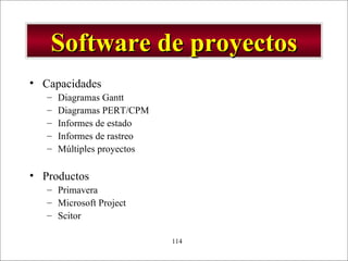 Software de proyectos Capacidades Diagramas Gantt Diagramas PERT/CPM Informes de estado Informes de rastreo Múltiples proyectos Productos Primavera Microsoft Project Scitor 