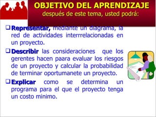 OBJETIVO DEL APRENDIZAJE después de este tema, usted podrá:  Representar,  mediante un diagrama, la red de actividades interrrelacionadas en un proyecto. Describir  las consideraciones  que los gerentes hacen paara evaluar los riesgos de un proyecto y calcular la probabilidad de terminar oportumanete un proyecto. Explicar  como se determina un programa para el que el proyecto tenga un costo minimo. 
