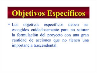 Objetivos Específicos Los objetivos específicos deben ser escogidos cuidadosamente para no saturar la formulación del proyecto con una gran cantidad de acciones que no tienen una importancia trascendental.  