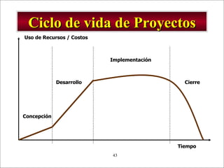 Ciclo de vida de Proyectos Uso de Recursos / Costos Tiempo Concepción Desarrollo Implementación Cierre 