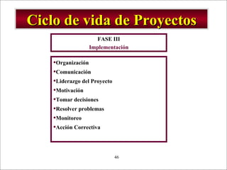 Ciclo de vida de Proyectos Organización Comunicación Liderazgo del Proyecto Motivación Tomar decisiones Resolver problemas Monitoreo Acción Correctiva FASE III Implementación 