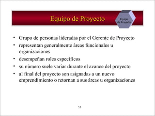 Equipo de Proyecto Grupo de personas lideradas por el Gerente de Proyecto representan generalmente áreas funcionales u organizaciones desempeñan roles específicos su número suele variar durante el avance del proyecto al final del proyecto son asignadas a un nuevo emprendimiento o retornan a sus áreas u organizaciones Equipo de Proyecto 