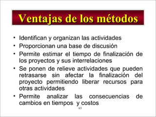 Identifican y organizan las actividades Proporcionan una base de discusión Permite estimar el tiempo de finalización de los proyectos y sus interrelaciones Se ponen de relieve actividades que pueden retrasarse sin afectar la finalización del proyecto permitiendo liberar recursos para otras actividades Permite analizar las consecuencias de cambios en tiempos  y costos Ventajas de los métodos 