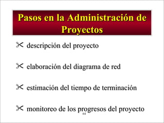 Pasos en la Administración de Proyectos descripción del proyecto elaboración del diagrama de red estimación del tiempo de terminación monitoreo de los progresos del proyecto 