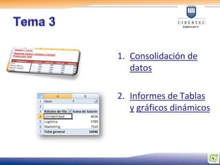 1. Consolidación de
   datos

2. Informes de Tablas
   y gráficos dinámicos
 