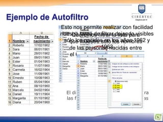 Ejemplo de Autofiltro
             Esto nos permite realizar con facilidad
             nuestra tarea de filtrar dejando visibles
                 Queremos filtrar la lista para
              sólo los nacidos en los años 1962 y
                que muestre sólo los nombres
                              1963
                de las personas nacidas entre
                el 01/01/1962 y el 31/12/1963




               El diálogo del Autofiltro nos muestra
               las fechas disponibles ya agrupadas
                              por años
 