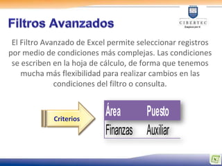 El Filtro Avanzado de Excel permite seleccionar registros
por medio de condiciones más complejas. Las condiciones
 se escriben en la hoja de cálculo, de forma que tenemos
    mucha más flexibilidad para realizar cambios en las
              condiciones del filtro o consulta.



            Criterios
                           Área     Puesto         Sueldo
                           Finanzas Auxiliar                 48
                           Finanzas Auxiliar                 75
 