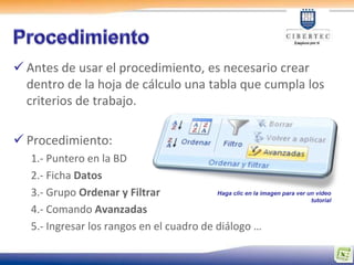  Antes de usar el procedimiento, es necesario crear
  dentro de la hoja de cálculo una tabla que cumpla los
  criterios de trabajo.

 Procedimiento:
   1.- Puntero en la BD
   2.- Ficha Datos
   3.- Grupo Ordenar y Filtrar             Haga clic en la imagen para ver un video
                                                                            tutorial
   4.- Comando Avanzadas
   5.- Ingresar los rangos en el cuadro de diálogo …
 
