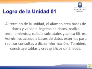 Al término de la unidad, el alumno crea bases de
     datos y valida el ingreso de datos, realiza
ordenamientos, calcula subtotales y aplica filtros.
Asimismo, accede a bases de datos externas para
realizar consultas a dicha información. También,
    construye tablas y crea gráficos dinámicos.
 