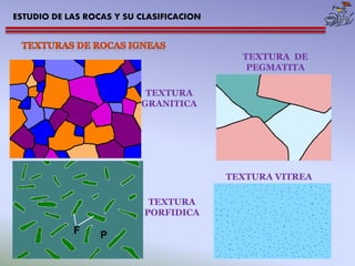 ESTUDIO DE LAS ROCAS Y SU CLASIFICACION 
CLASIFICACIÓN DE LAS ROCAS IGNEAS 
Según el modo de enfriamiento del magma son: 
...
