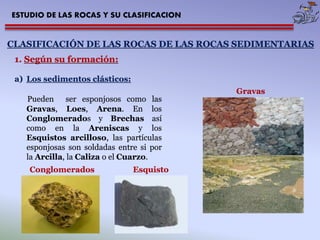 ESTUDIO DE LAS ROCAS Y SU CLASIFICACION 
CLASIFICACIÓN DE LAS ROCAS DE LAS ROCAS SEDIMENTARIAS 
1. Según su formación: 
a) Los sedimentos clásticos: 
Pueden ser esponjosos como las 
Gravas, Loes, Arena. En los 
Conglomerados y Brechas así 
como en la Areniscas y los 
Esquistos arcilloso, las partículas 
esponjosas son soldadas entre si por 
la Arcilla, la Caliza o el Cuarzo. 
Gravas 
Conglomerados Esquisto 
 