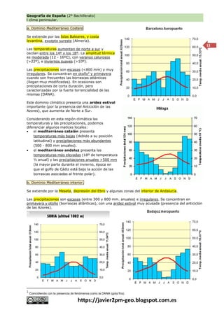 Geografía de España (2º Bachillerato)
l clima peninsular.
https://javier2pm-geo.blogspot.com.es
13
a. Dominio Mediterráneo Costero
Se extiende por las Islas Baleares, y costa
levantina, excepto sureste (Almería).
Las temperaturas aumentan de norte a sur y
oscilan entre los 14º y los 18º. La amplitud térmica
es moderada (12 - 16ºC), con veranos calurosos
(>22º), e inviernos suaves (>10º).
Las precipitaciones son escasas (<800 mm) y muy
irregulares. Se concentran en otoño2
y primavera
cuando son frecuentes las borrascas atlánticas
(llegan muy modificadas). En ocasiones son
precipitaciones de corta duración, pero
caracterizadas por la fuerte torrencialidad de las
mismas (DANA).
Este dominio climático presenta una aridez estival
importante (por la presencia del Anticiclón de las
Azores), que aumenta de Norte a Sur.
Considerando en esta región climática las
temperaturas y las precipitaciones, podemos
diferenciar algunos matices locales:
 el mediterráneo catalán presenta
temperaturas más bajas (debido a su posición
latitudinal) y precipitaciones más abundantes
(500 - 800 mm anuales).
 el mediterráneo andaluz presenta las
temperaturas más elevadas (18º de temperatura
½ anual) y las precipitaciones anuales >500 mm
(la mayor parte durante el invierno, época en
que el golfo de Cádiz está bajo la acción de las
borrascas asociadas al frente polar).
b. Dominio Mediterráneo interior.
Se extiende por la Meseta, depresión del Ebro y algunas zonas del interior de Andalucía.
Las precipitaciones son escasas (entre 300 y 800 mm. anuales) e irregulares. Se concentran en
primavera y otoño (borrascas atlánticas), con una aridez estival muy acusada (presencia del anticiclón
de las Azores).
2
Coincidiendo con la presencia de fenómenos como la DANA (gota fría).
 
