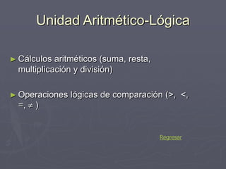 Unidad Aritmético-Lógica
► Cálculos aritméticos (suma, resta,
multiplicación y división)
► Operaciones lógicas de comparación (>, <,
=, )
Regresar
 