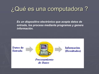 ¿Qué es una computadora ?
Es un dispositivo electrónico que acepta datos de
entrada, los procesa mediante programas y genera
información.
 
