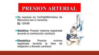 ⚫Se expresa en mmHg(Milimetros de
Mercurio) con 2 números:
Ej: 12080
⚫Sistólica: Presión máxima registrada
durante la contracción cardíaca
⚫Diastólica: Presión mínima
registrada durante la fase de
relajación y llenado cardíaco
 