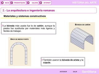 INICIO

PRESENTACIÓN

GALERÍA

HISTORIA DEL ARTE

INTERNET

2.- La arquitectura e ingeniería romanas
Materiales y sistemas constructivos

La bóveda más usada fue la de cañón, aunque la
piedra fue sustituida por materiales más ligeros y
fáciles de trabajar.

También usaron la bóveda de arista y la
cúpula.

ANTERIOR

SALIR

Santillana

 