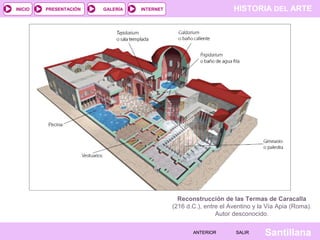 INICIO

PRESENTACIÓN

GALERÍA

HISTORIA DEL ARTE

INTERNET

Reconstrucción de las Termas de Caracalla
(216 d.C.), entre el Aventino y la Vía Apia (Roma).
Autor desconocido.
ANTERIOR

SALIR

Santillana

 