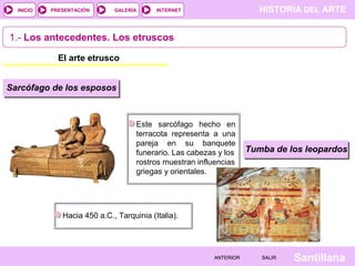 INICIO

PRESENTACIÓN

GALERÍA

HISTORIA DEL ARTE

INTERNET

1.- Los antecedentes. Los etruscos
El arte etrusco
Sarcófago de los esposos

Este sarcófago hecho en
terracota representa a una
pareja en su banquete
funerario. Las cabezas y los
rostros muestran influencias
griegas y orientales.

Tumba de los leopardos

Hacia 450 a.C., Tarquinia (Italia).

ANTERIOR

SALIR

Santillana

 