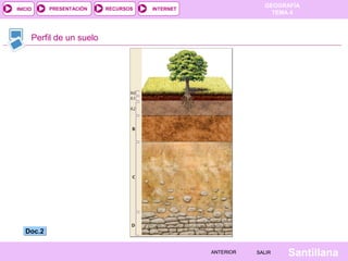 INICIO

PRESENTACIÓN

RECURSOS

GEOGRAFÍA
TEMA 4

INTERNET

Perfil de un suelo

Doc.2
ANTERIOR

SALIR

Santillana

 