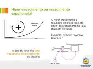 Hiper-crescimento ou crescimento
exponencial
O hiper-crescimento é
resultado do efeito “bola de
neve” de crescimento na taxa
(fluxo de entrada).
Exemplo: dinheiro na conta
bancária
A taxa de juros é a taxa
fracionária de crescimento
do sistema
 