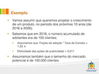 Exemplo
§ Vamos assumir que queremos projetar o crescimento
de um produto, no período dos próximos 10 anos (de
2016 a 2026);
§ Sabemos que em 2016, o número acumulado de
adotantes era de 100 clientes;
§ Assumamos que: Fração de adoção * Taxa de Contato =
1,33; e
§ Efetividade das ações de publicidade = 0,011
§ Assumamos também que o tamanho do mercado
potencial é de 100.000 clientes.
 