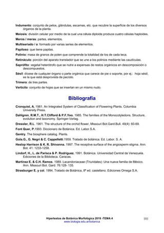 Hipertextos de Botánica Morfológica 2019 -TEMA 4
www.biologia.edu.ar/botanica
101
Indumento: conjunto de pelos, glándulas, escamas, etc. que recubre la superficie de los diversos
órganos de la planta.
Meiosis: división celular por medio de la cual una célula diploide produce cuatro células haploides.
Meros / meras: partes, elementos.
Multiseriado / a: formado por varias series de elementos.
Papiloso: que tiene papilas.
Polinio: masa de granos de polen que comprende la totalidad de los de cada teca.
Retináculo: porción del aparato translador que se une a los polinios mediante las caudículas.
Saprófito: vegetal heterótrofo que se nutre a expensas de restos orgánicos en descomposición o
descompuestos.
Sésil: dícese de cualquier órgano o parte orgánica que carece de pie o soporte, por ej.: hoja sésil,
es la que está desprovista de pecíolo.
Trímera: de tres partes.
Verticilo: conjunto de hojas que se insertan en un mismo nudo.
Bibliografía
Cronquist, A. 1981. An Integrated System of Classification of Flowering Plants. Columbia
University Press.
Dahlgren, R.M.T., H.T.Clifford & P.F.Yeo. 1985. The families of the Monocotyledons. Structure,
evolution and taxonomy. Springer-Verlag.
Dressler, R.L. 1961. The structure of the orchid flower, Missouri Bot.Gard.Bull. 49(4): 60-69.
Font Quer, P.1993. Diccionaro de Botánica. Ed. Labor.S.A.
Gentry. The biosphere catalog. Plants.
Gola,G., G. Negri & C. Cappelletti.1959. Tratado de botánica. Ed. Labor. S. A.
Heslop Harrison & K. R. Shivanna. 1997. The receptive surface of the angiosperm stigma. Ann.
Bot. 41: 1233-1258.
Lindorf, H., L. de Parisca & P. Rodriguez. 1991. Botánica. Universidad Central de Venezuela.
Ediciones de la Biblioteca. Caracas.
Martínez E. & C.H. Ramos. 1989. Lacandoniaceae (Triuridales): Una nueva familia de México.
Ann. Missouri Bot. Gard. 76:128- 135.
Strasburger E. y col. 1994. Tratado de Botánica, 8ª ed. castellano. Ediciones Omega S.A.
 