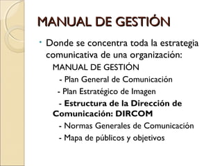 MANUAL DE GESTIÓNMANUAL DE GESTIÓN
• Donde se concentra toda la estrategia
comunicativa de una organización:
MANUAL DE GESTIÓN
- Plan General de Comunicación
- Plan Estratégico de Imagen
- Estructura de la Dirección de
Comunicación: DIRCOM
- Normas Generales de Comunicación
- Mapa de públicos y objetivos
 