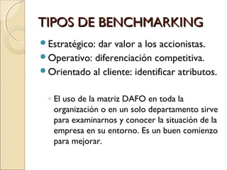 TIPOS DE BENCHMARKINGTIPOS DE BENCHMARKING
Estratégico: dar valor a los accionistas.
Operativo: diferenciación competitiva.
Orientado al cliente: identificar atributos.
◦ El uso de la matriz DAFO en toda la
organización o en un solo departamento sirve
para examinarnos y conocer la situación de la
empresa en su entorno. Es un buen comienzo
para mejorar.
 